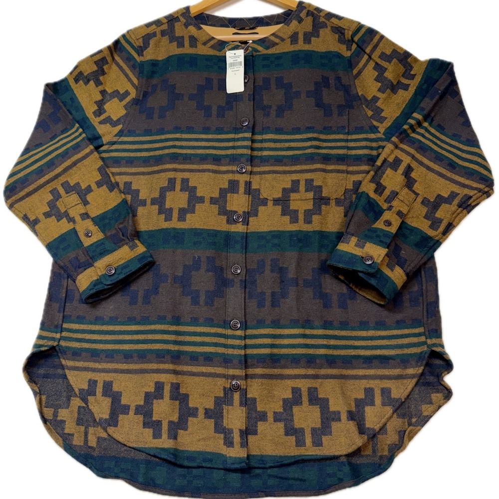 L.L. BEAN Signature Jacquard Tunic Shirt Womens L NWT Navy Jacquard Cotton SW